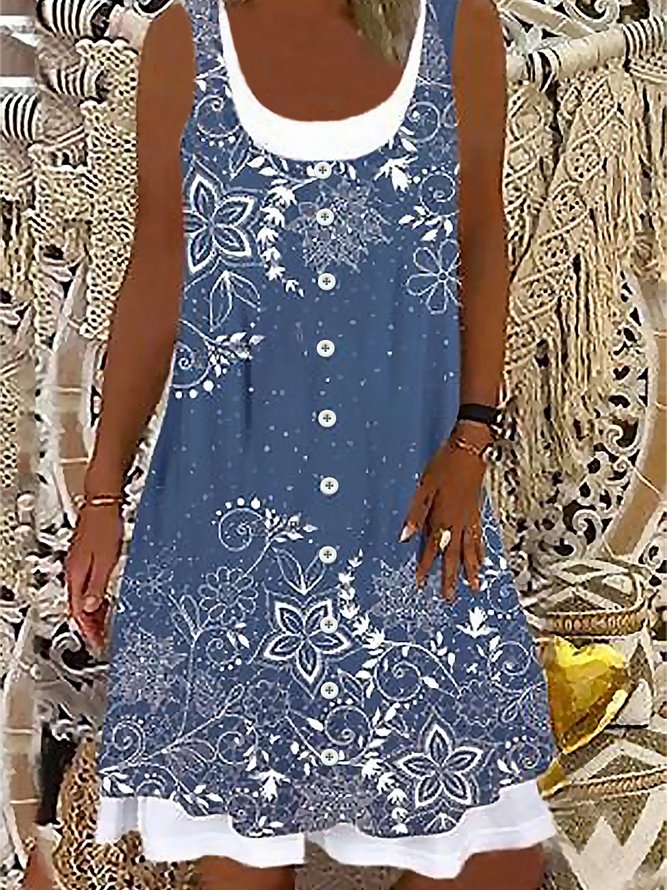 Lässig Rundhals Geblümt Weit Kleid