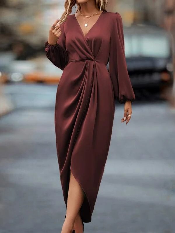 Kreuzhals Laternenärmel Elegant Satin Kleid