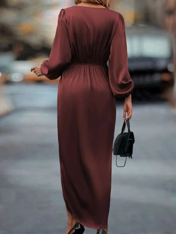 Kreuzhals Laternenärmel Elegant Satin Kleid