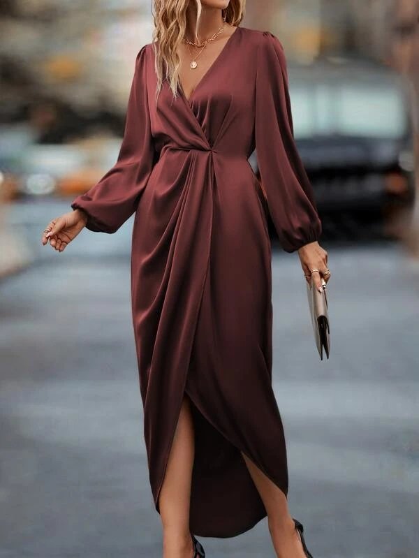 Kreuzhals Laternenärmel Elegant Satin Kleid