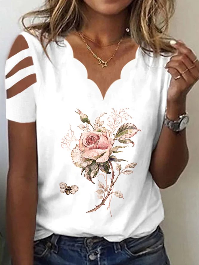 Elegant Regelmäßige Passform Geblümt V-Ausschnitt T-Shirt