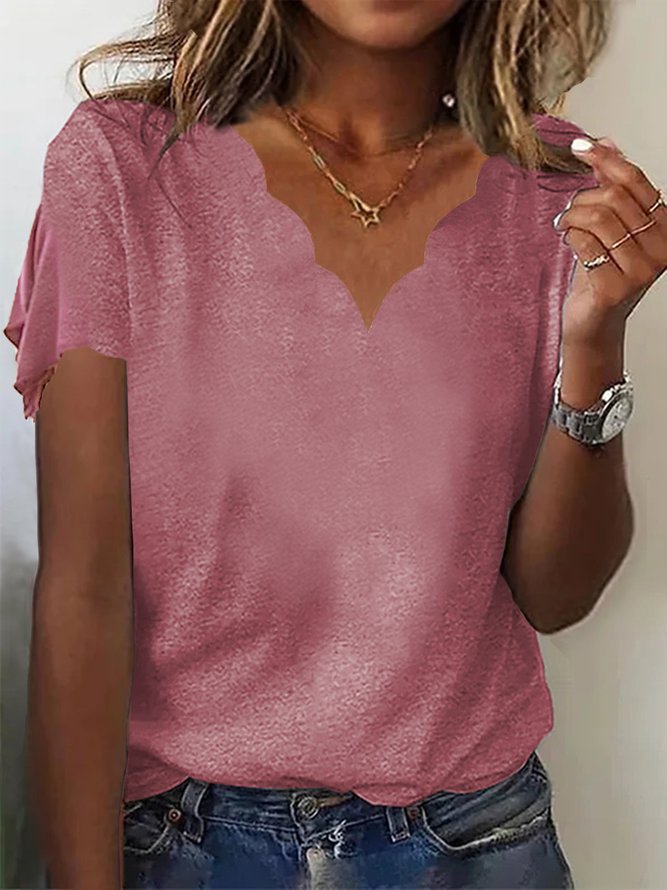 Lässig Unifarben Weit V-Ausschnitt T-Shirt