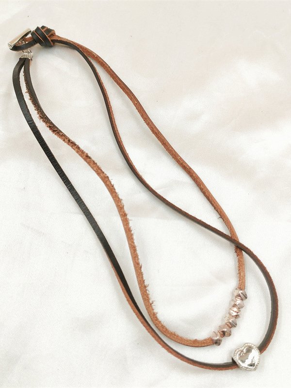Leder Silber Herzenmuster Perlen Geschichtet Halskette Western Ethnisch Kleid Schmuck