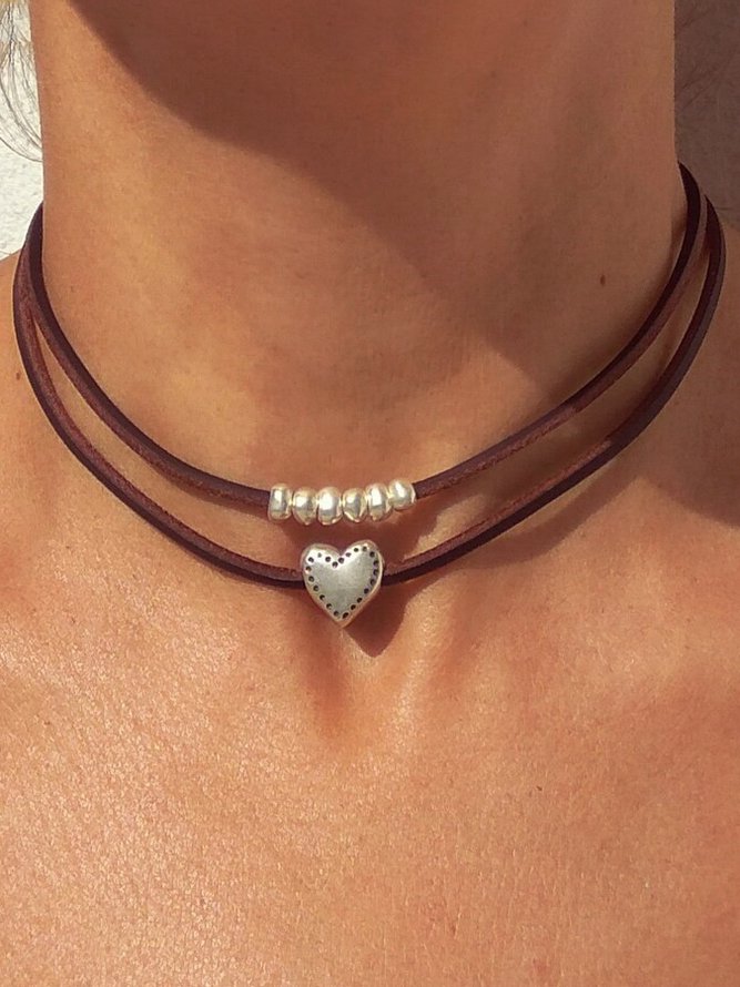 Leder Silber Herzenmuster Perlen Geschichtet Halskette Western Ethnisch Kleid Schmuck