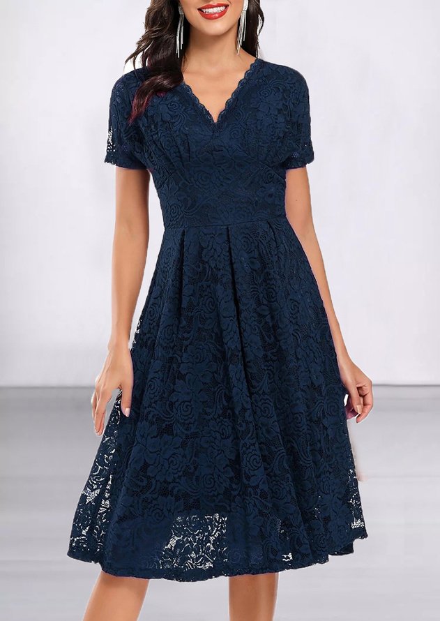 Elegant Spitze Regelmäßige Passform V-Ausschnitt Kleid