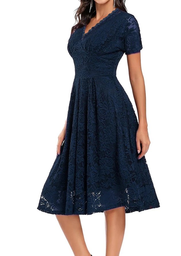 Elegant Spitze Regelmäßige Passform V-Ausschnitt Kleid