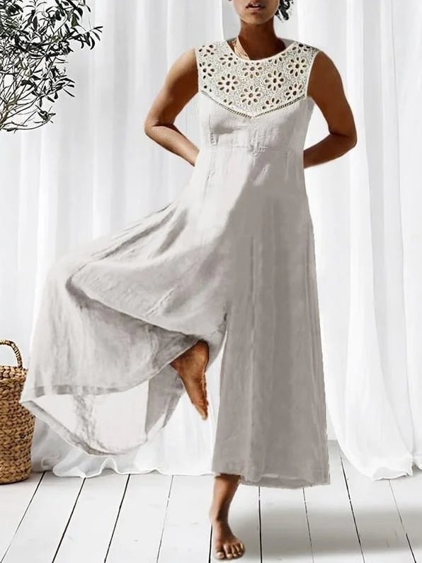 Weit Baumwolle Leinen Spitze Lässig Jumpsuit