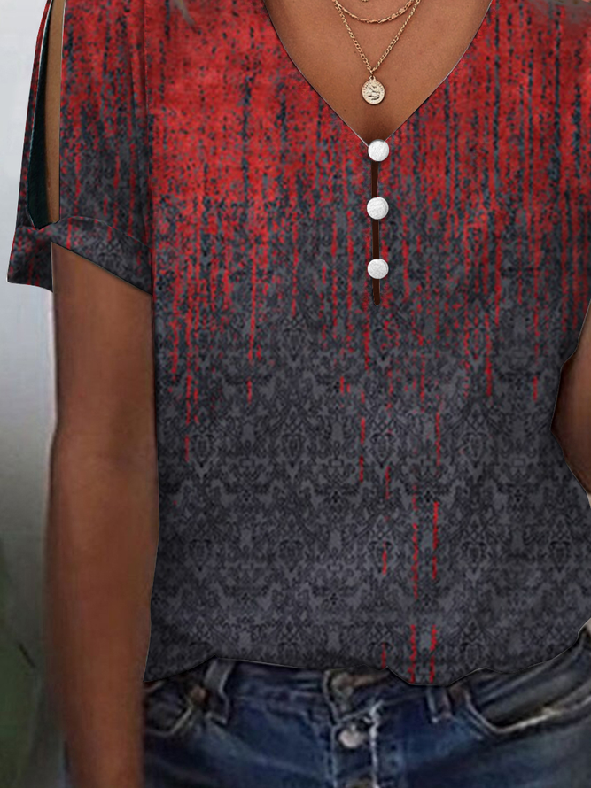 Lässig V-Ausschnitt Ethnisch Schnalle T-Shirt