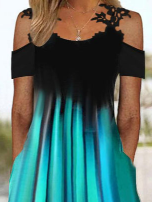 Lässig Farbverlauf V-Ausschnitt Spitze Kleid