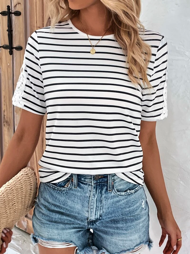 Farbblock Lässig Weit Gestreift Kontrast Spitze T-Shirt