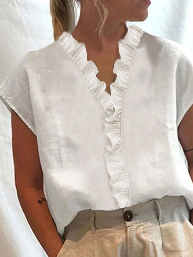 Sommer Damen V-Ausschnitt Volant Baumwolle Leinen Bluse