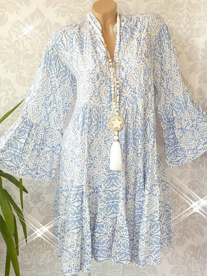 Geblümt Weit Lässig Stehkragen Kleid