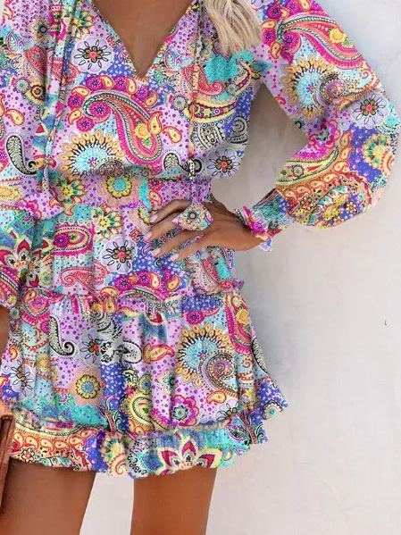 Weit V-Ausschnitt Paisley Freizeitkleid
