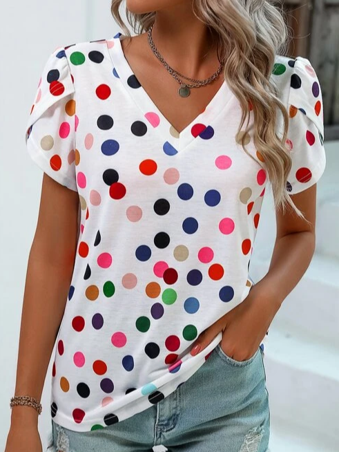 Lässig Polka Dots V-Ausschnitt T-Shirt