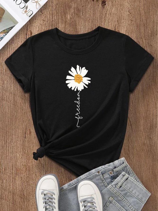 Rundhals Geblümt Urlaub Weit Geblümt & Buchstabe Grafik T-Shirt