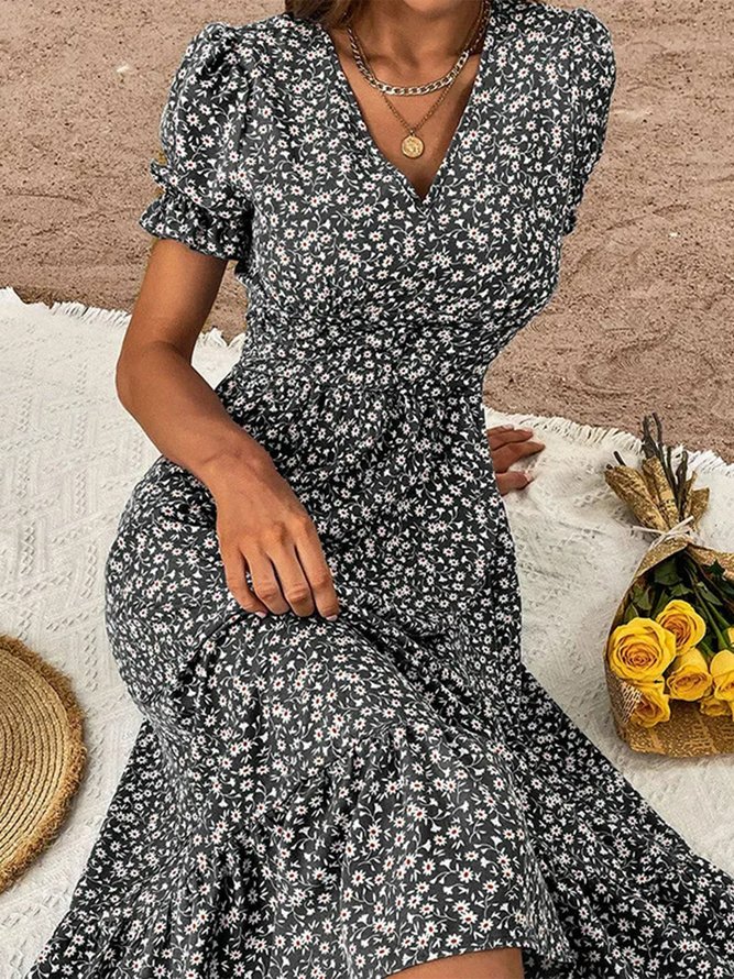 Damen Fashion Sommer Plissiert Urlaub Sexy groß Swing Geblümt Kleid