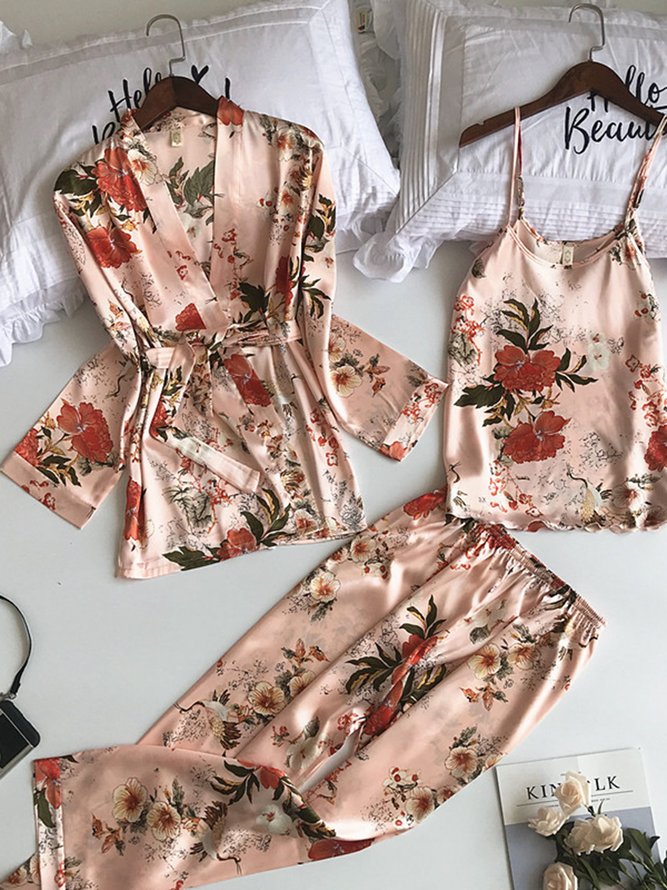 Geblümt Seidenstoff lange Ärmel Jacke Leibchen Hose Pyjamas Dreiteilig Set