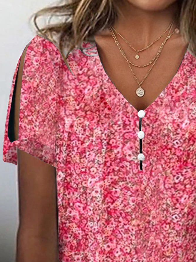 V-Ausschnitt Geblümt Geknöpft Elegant T-Shirt