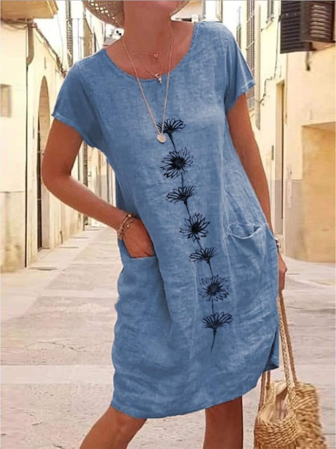 Baumwolle Geblümt Kurzarm Gewebe Kleid