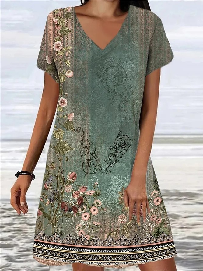 V-Ausschnitt Ethnisch Weit Retro Sommer Kleid