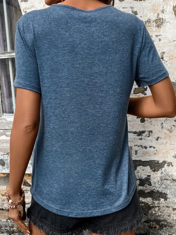 Unifarben Spitzenrand V-Ausschnitt Lässig T-Shirt