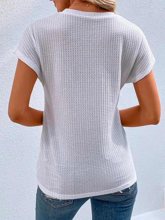 Unifarben Weit Rundhals Lässig Waffel Stricken Knoten Seite Asymmetrisch Saum T-Shirt
