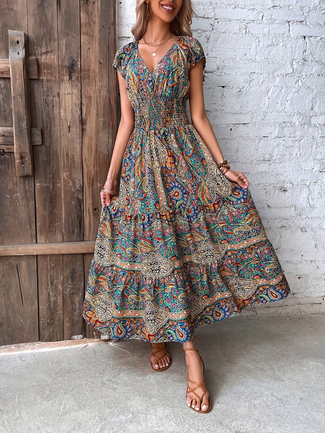 Paisley Ethnisch V-Ausschnitt Gerangel Kleid