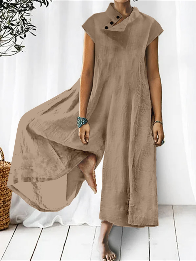 Damen Unifarben Hälfte Hoher Kragen Baumwolle Leinen Jumpsuit