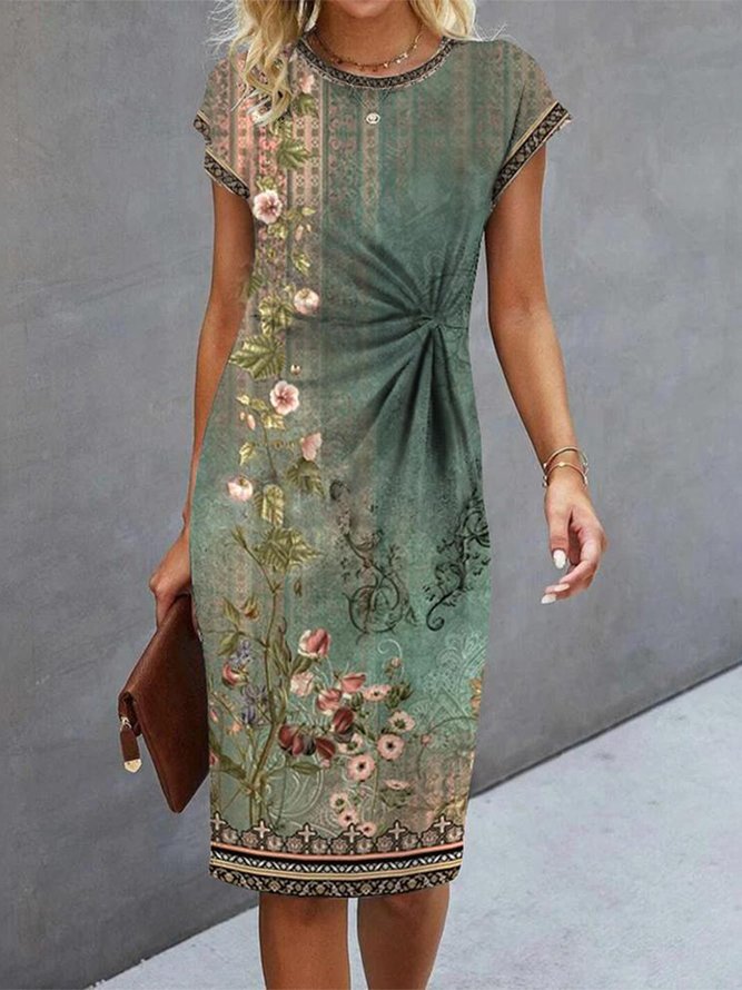 Regelmäßige Passform Geblümt Rundhals Retro Kleid