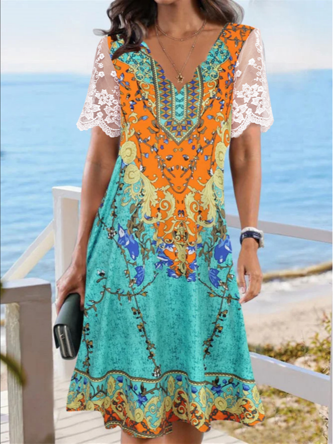 Lässig V-Ausschnitt Spitze Kleid