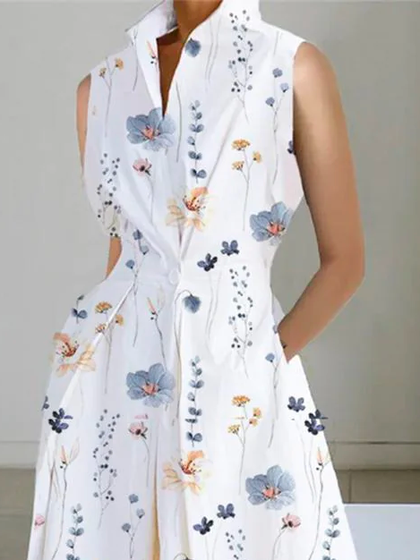 Weit Geblümt V-Ausschnitt Urlaub Basic Ärmellos Print Maxikleid