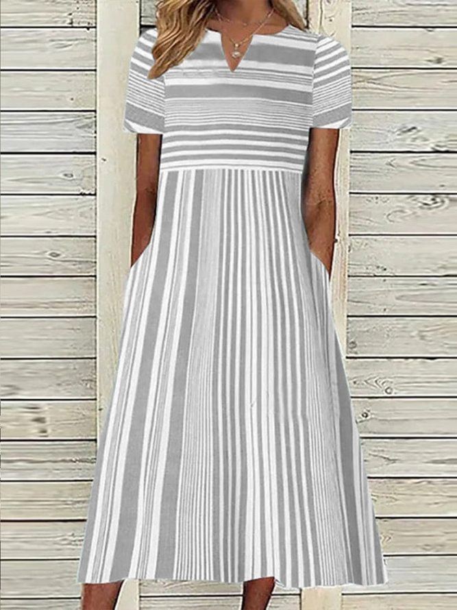 Damen Kurzarm Maxikleid V-Ausschnitt Gestreift Kleid