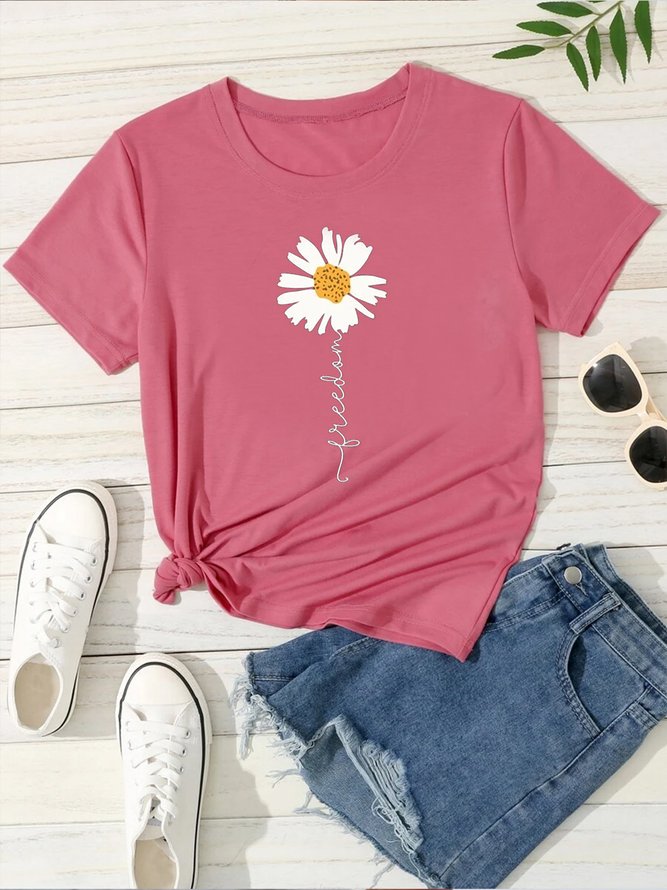 Rundhals Geblümt Urlaub Weit Geblümt & Buchstabe Grafik T-Shirt
