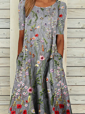Weit Lässig Print Rundhals Kleid