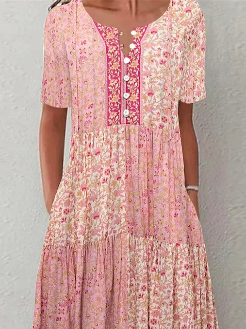 V-Ausschnitt Weit Geblümt Urlaub Kleid