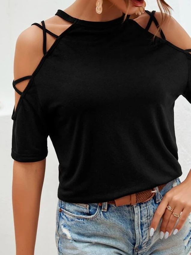 Lässig Rundhals Unifarben Criss Kreuz Schulterfrei T-Shirt