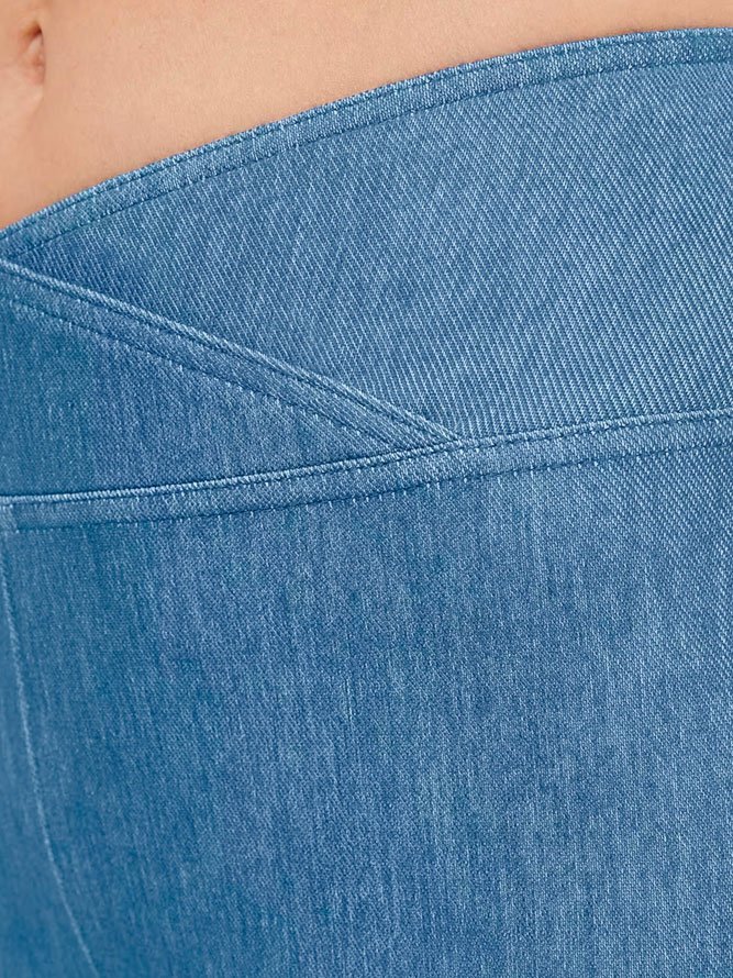 Unifarben Lässig Weit Hoch Tailliert Überkreuzung Elastisch Stricken Denim Lässig Flare Hose