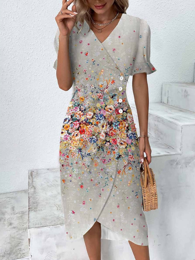 Schnalle V-Ausschnitt Lässig Geblümt Kleid