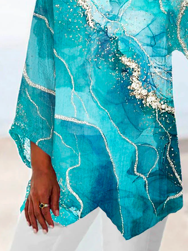 Weit Leinen Urlaub Geometrisch Bluse