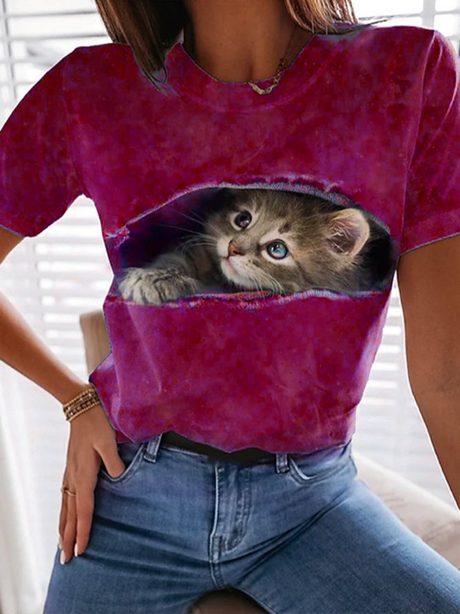 Lässig Katze Rundhals Weit T-shirt Bedrucken