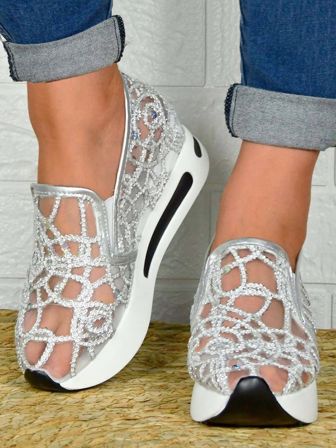 Fashion Paillette Atmungsaktiv Mesh Slip On Plateau Sneakers