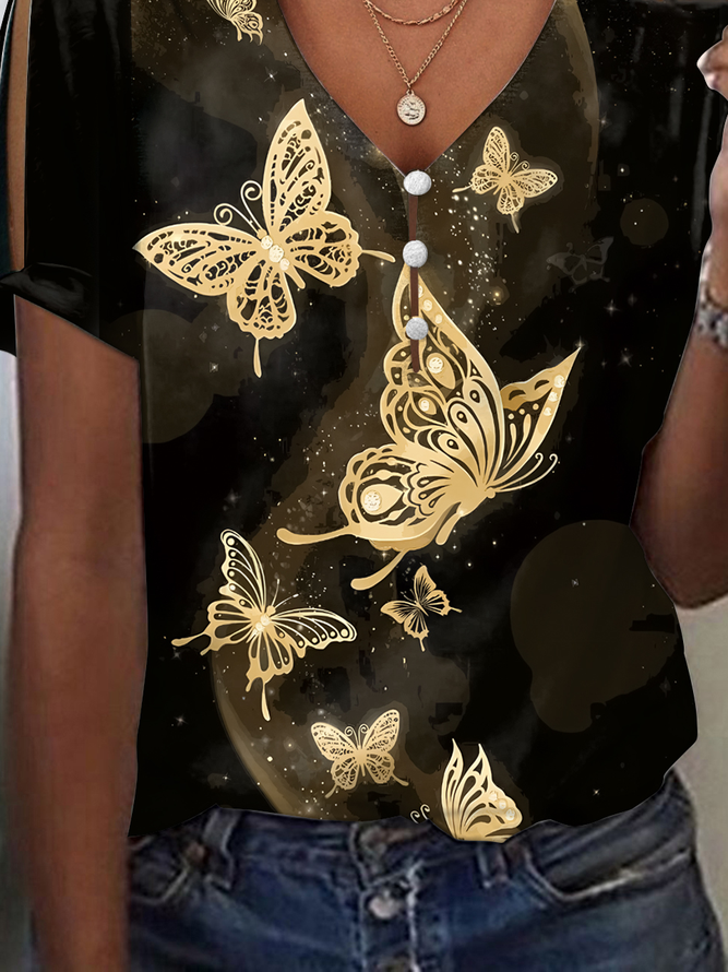 Schmetterling Lässig Weit V-Ausschnitt T-Shirt