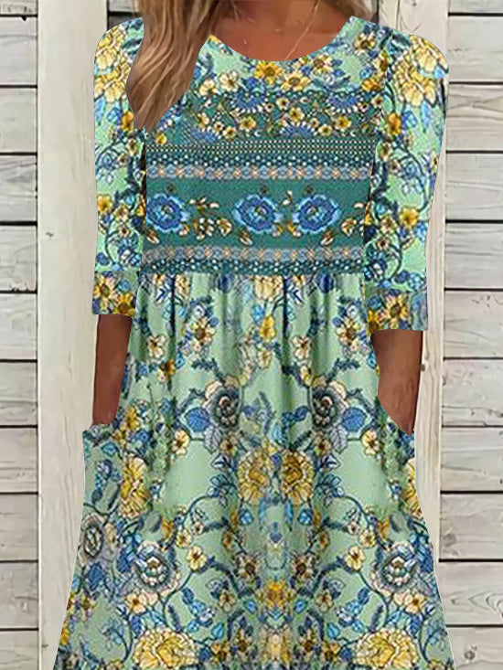 Lässig Ethnisch Weit Rundhals Kleid
