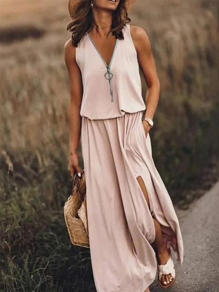 Ärmellos Reißverschluss Schlitz Maxikleid