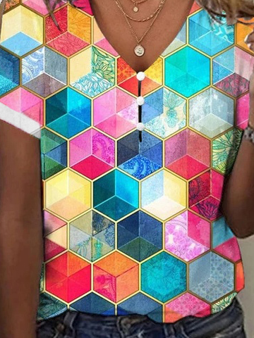 Damen Bunt Geometrisch Weit V-Ausschnitt  Lässig Sommer T-Shirt