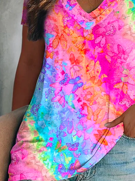 Urlaub Weit V-Ausschnitt Schmetterling T-Shirt