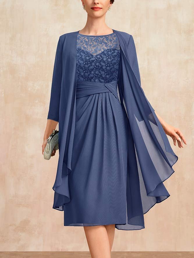 Regelmäßige Passform Rundhals Chiffon Urban Spitze Zweiteiliges Set