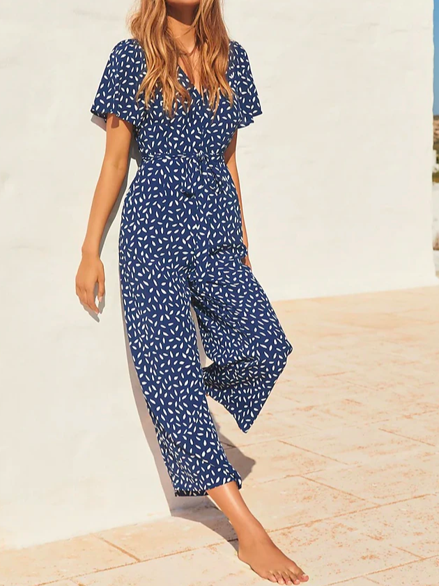 Weit V-Ausschnitt Geblümt Urlaub Jumpsuit