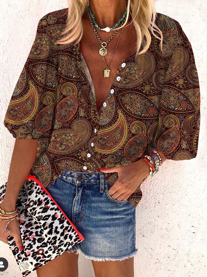 Damen Paisley Frühling/Herbst Leinen Weit 3/4 Ärmel Bluse