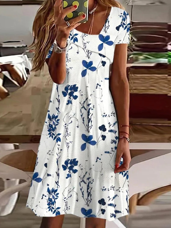 Geblümt Weit Asymmetrisch Freizeitkleid